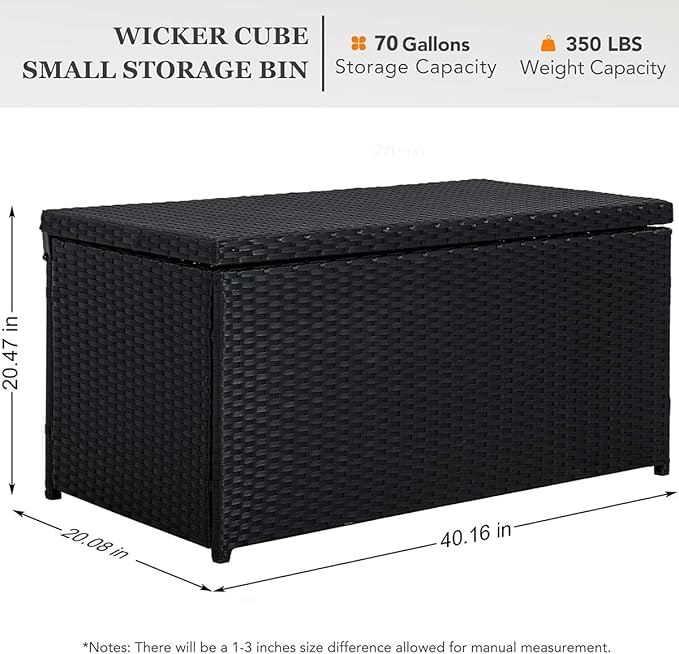 Outdoor 70 Gallon Wicker Storage Box with Waterproof Liner, Patio PE Rattan Storage Container for Outside, Deck Box with Hinged Lid for Cushions, Pillows, Towels, Horizontal Bin, Black