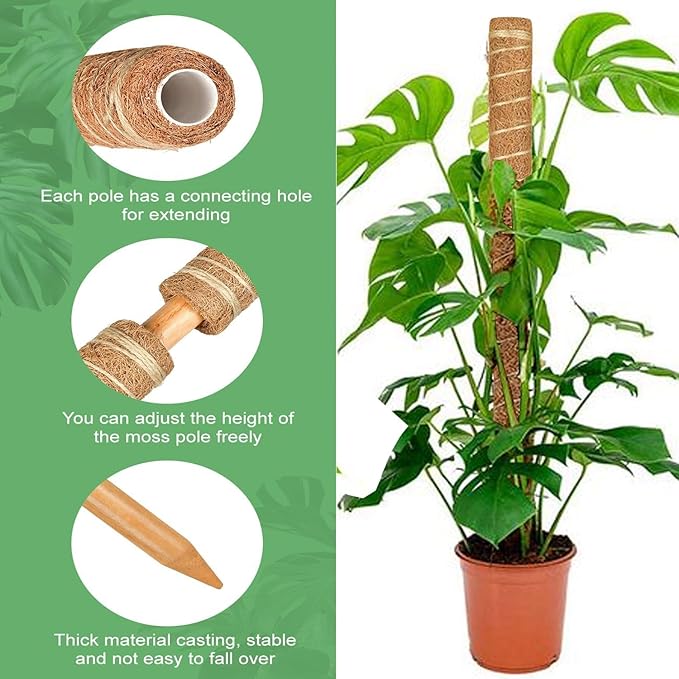 Moss Pole, 4 Pack 15Inch Monstera Plant Support Stackable Moss Poles for Plants, Moss Sticks with 15pcs Labels and 78in Garden Ties,Monstera Plant Stake for Climbing Plants,Can Stacked Up to 42”