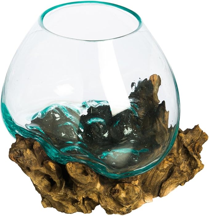 Cape Craftsmen 10" H Hand-Blown Blue Tinted Bubble Glass On Natural Teak Driftwood Terrarium | Home Décor Indoor Planter with Stand | Pot for Succulent and Plants