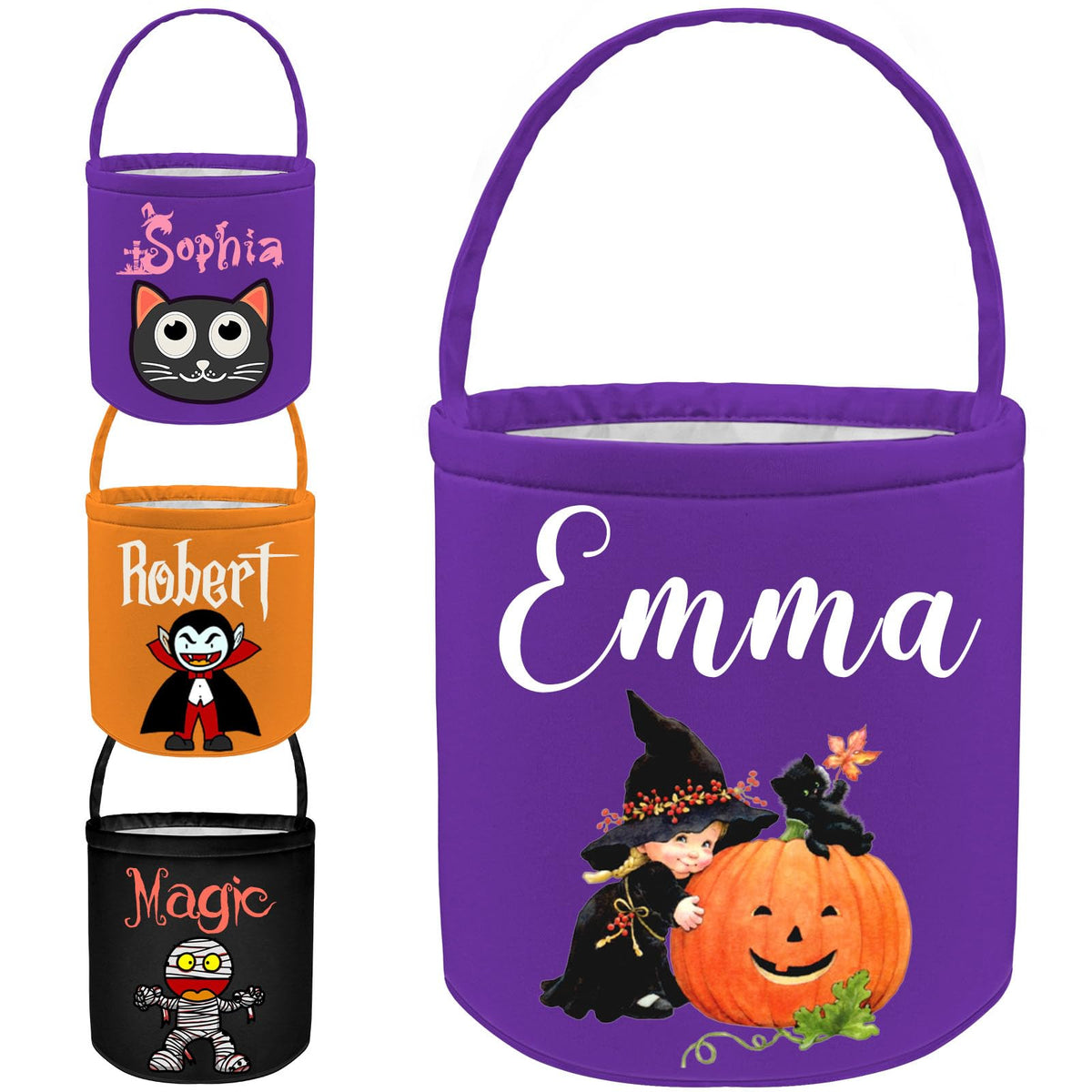 PFTPOW Personalized Halloween Bucket with Name Custom Halloween Trick or Treat Basket Bag Customized Candy Buckets Gift for Kids Boys Girls Purple