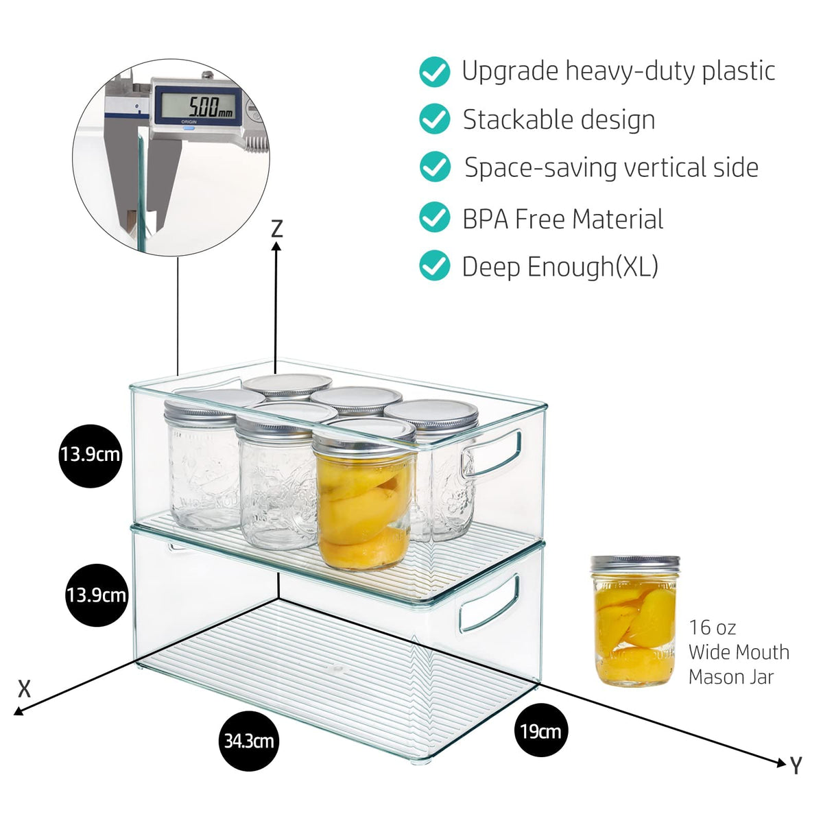 Hudgan 8 PACK Stackable Pantry Organizer Bins (3 Size) - Clear Fridge Organizer for Kitchen, Freezer, Refrigerator, Cabinet - Plastic Storage Container with Handle for Home