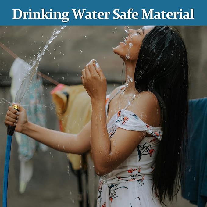 Garden Hose 100ft, Made of TPE(Not PVC), Ultra-Light & Flexible Water Hose with Solid Brass Fittings, Non-Shrinking, Easy to Storage, Drinking Water Safe Material, All-weather, SeaBlue