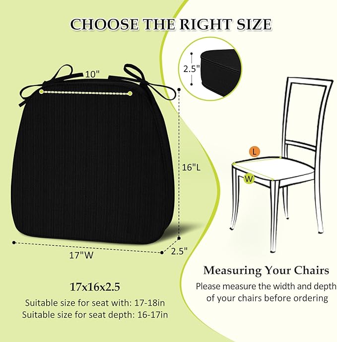Chair Cushions for Dining Chairs, Indoor Chair Cushions with Ties，Waterproof Chair Pads Set of 4, Black, 17x16x2.5 Inch