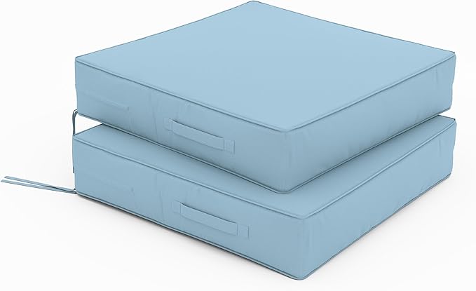 Patio Chair Cushions 24 X 24 X 5 Inch Waterproof Outdoor Seat Cushions for Patio Furniture, Outdoor Sofa Couch Pads with Ties & Handle, Set of 2, Light Blue
