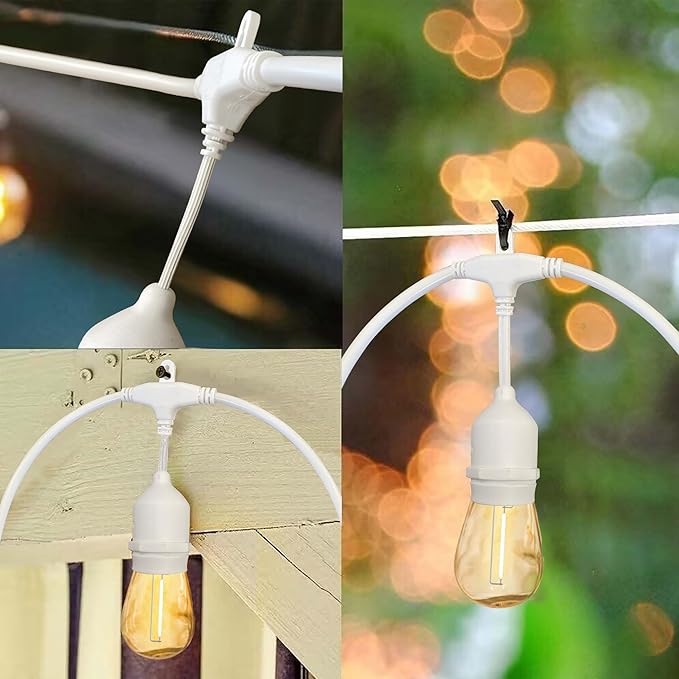 Banord White Outdoor String Lights, Commercial Grade Patio Lights with 30 1W S14 Dimmable Shatterproof LED Bulbs, Heavy Duty Hanging Lights for Outdoor, Waterproof String Lights 96ft (2x48ft)