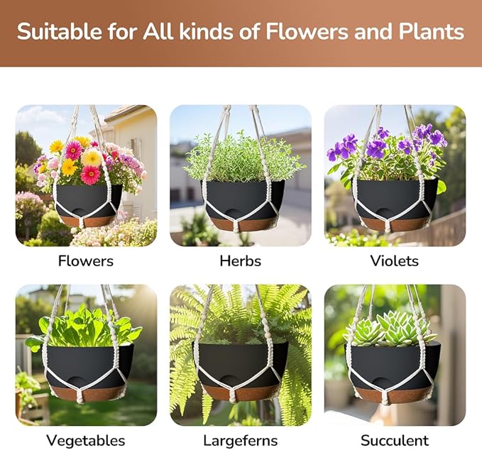 12 Inch Hanging Baskets for Plants Outdoor, Hanging Planters for Indoor Outdoor Plants, Hanging Planter with Self Watering, Hanging Flower Pots (Black Planter with Macrame + Iron Hangers)