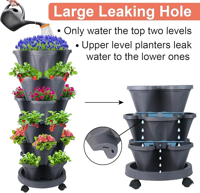 Vertical Planter 6 Tier Stackable Planters Garden Planters Strawberry Herb Flower and Vegetable Planter Indoor Outdoor Gardening Pots with Removable Wheels and Tools