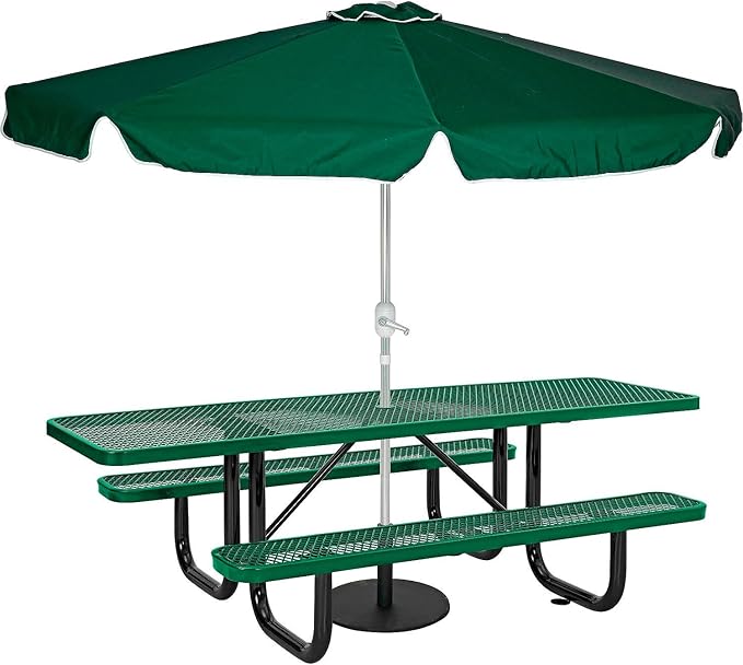 Global Industrial 8'L Rectangular Picnic Table, ADA Compliant, Expanded Metal, Green Thermoplastic Coating, Attached Benches, 1-1/2” Umbrella Pole Hole, Outdoor-Rated