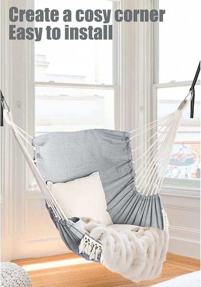 Chihee Hammock Chair Hanging Swing 2 Pillows Included,Strong Webbing Straps and Hooks for Easy Hanging Soft Cotton Hanging Chair Side Pocket Tassel Chair Comfort Indoor Outdoor Light Grey