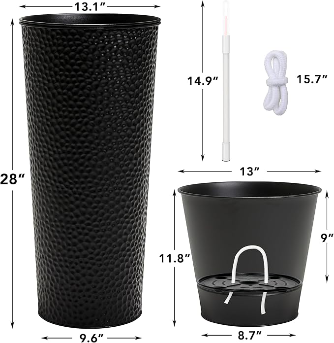 KOL 28" H. Tall Metal Cone Planters with Inside Pots 2-Pack, Black Hand-Hammered Large Decor Planter for Deck, Patio, Porch - Handcrafted Flower Pot - with Water Level Indicator - Indoor Outdoor Use