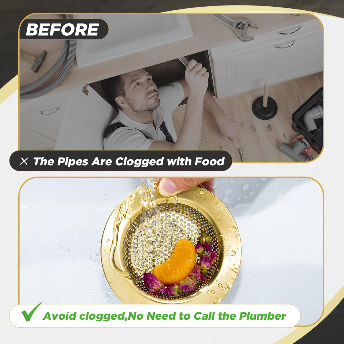 Mudder 3 Pcs Kitchen Sink Drain Strainer and Stopper Stainless Steel Garbage Disposal Plug with Handle Universal Anti-Clogging Kitchen Sink Filter Sieve Basket Strainer(Brushed Gold)
