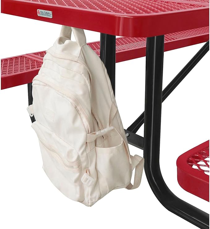 Global Industrial 8’L Rectangular Picnic Table, Expanded Metal, Red Thermoplastic Coating, Attached Benches, 1-1/2” Umbrella Pole Hole, Outdoor-Rated, 1000 lb Capacity, 96” x 30” Tabletop