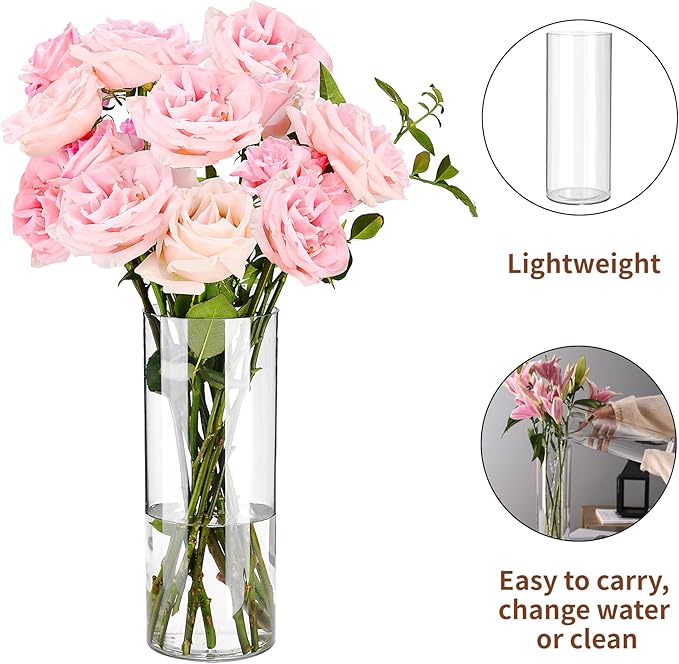 Clear Flower Vase, Non-breakable Vases, 5" W x 14" H, Acrylic Vase, Aesthetic Room Decor Cylindrical Modern Flower Vases for Table Centerpiece, Home Decor, Women Floral Arrangement Gift