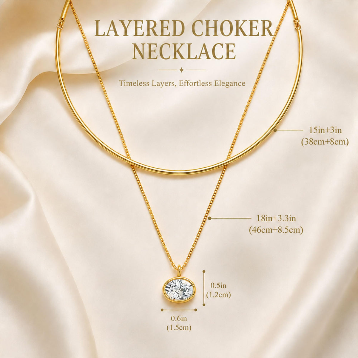 Oval CZ Gold Collar Charm Necklace for Women Layered Bangle Choker Necklace