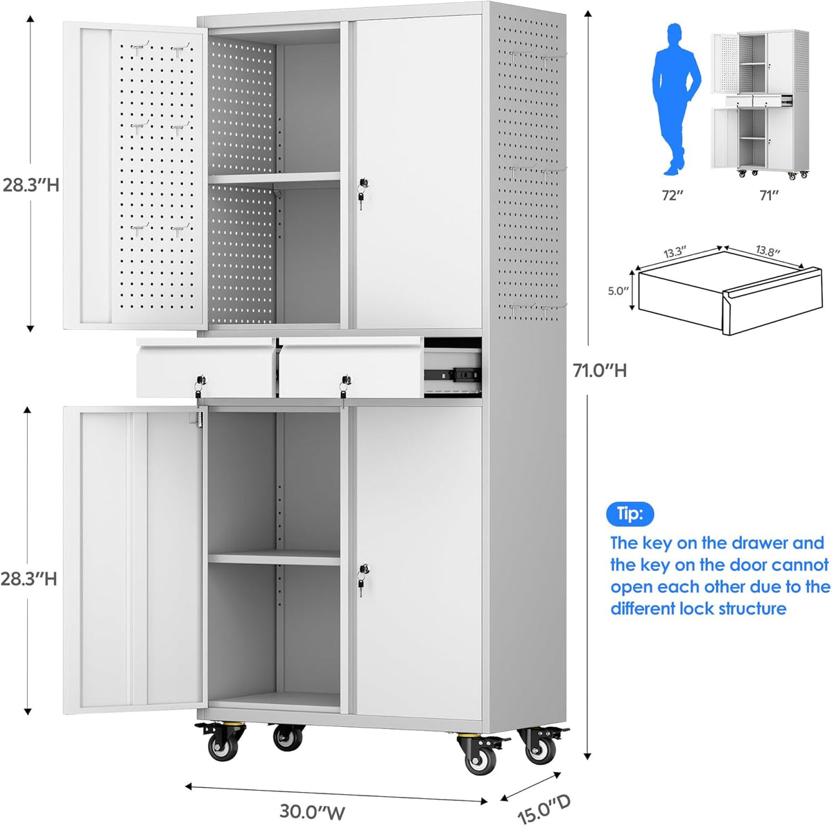 Metal Garage Storage Cabinet with Locking Doors and 2 Adjustable Shelves, Rolling Tool Storage Cabinet with 4 Wheels and 2 Drawer for Garage, Warehouse, White and Gray, Assembly Required