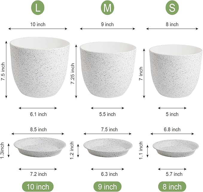 10/9/8 inch Medium Plant Pots, Set of 3 Modern Decorative Plastic Planters with Drainage Holes and Saucers for Garden House Plants, Flower Pots for Indoor Outdoor Plants, Speckled White