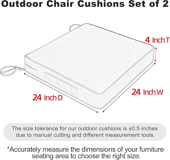 Favoyard Patio Chair Cushions 24 x 24 x 4 Inch Waterproof Outdoor Seat Cushions for Patio Furniture 3-Year Color Fastness Garden Sofa Couch Chair Pads with Handle & Adjustable Straps Set of 2, Beige