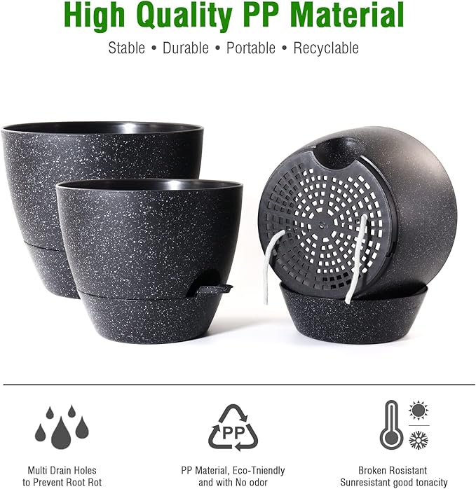 10/9/8 inch Self Watering Pots, Set of 3 Plastic Planters with Mesh Drainage Holes and Deep Reservoir for Indoor Outdoor Garden Plants and Flowers, Black Speckles