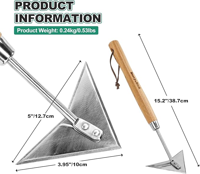 Berry&Bird Triangle Hand Hoe, 15.2'' Winged Weeder Garden Hoes with Short Wood Handle, Gardener Stainless Steel Warren Hoe, Garden Weeder Hoe Tool for Quickly Weeding, Edging and Gardening Tools