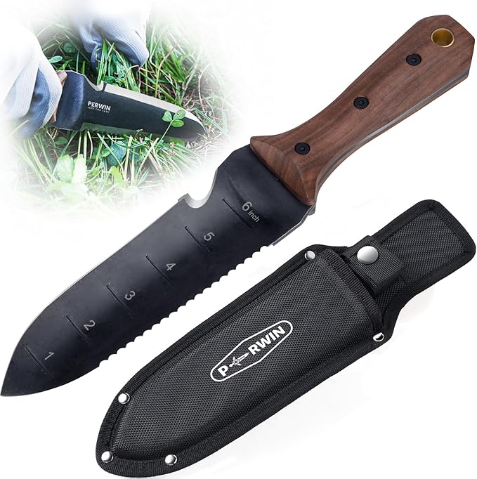 Hori Hori Garden Knife, Garden Tools with Sheath for Weeding,Planting,Digging, 7" Stainless Steel Blade with Cutting Edge, Full-Tang Wood Handle with Hanging Hole
