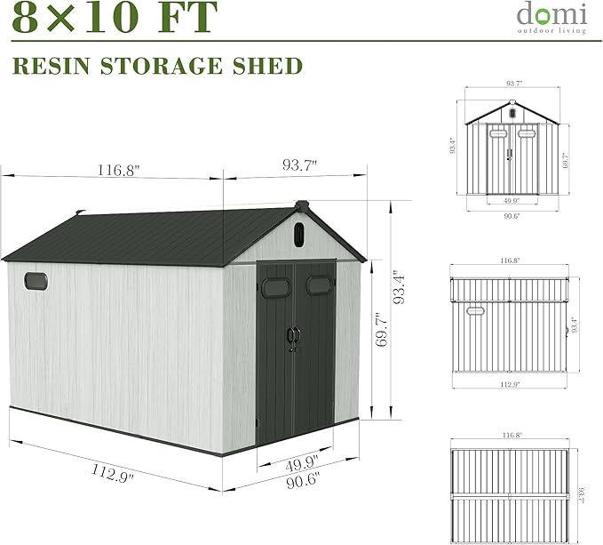 Domi 8x10FT Outdoor Resin Storage Shed with Transparent Windows & Louvered Vents, Plastic Tool Shed with Double Lockable Doors & Gable Roof, Outside Garden Shed for Backyard, Patio, Lawn, Grey