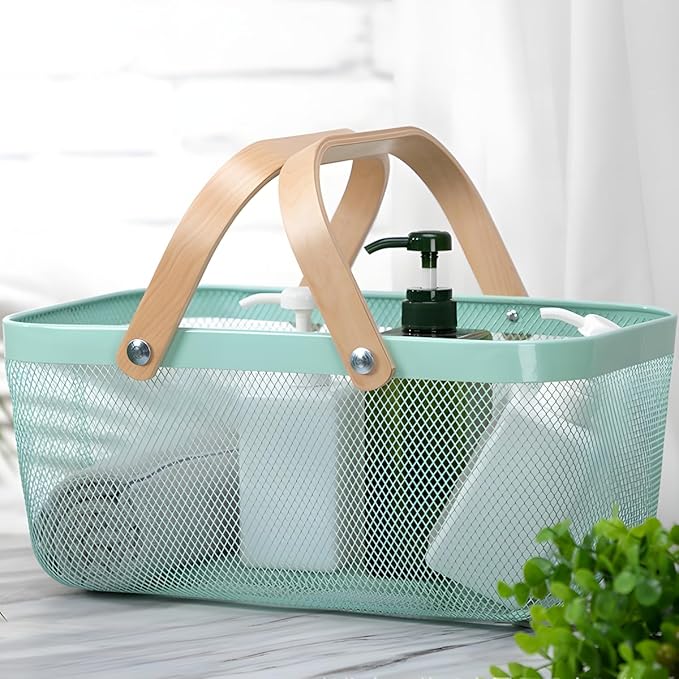 Portable Mesh Harvest Basket - Natural Bamboo Handle Foldable Organizer for Kitchen, Garden & Picnic | Ventilated Storage Bin with Rust-Proof Wire, Space-Saving Farmhouse Decor (Nebula Green)