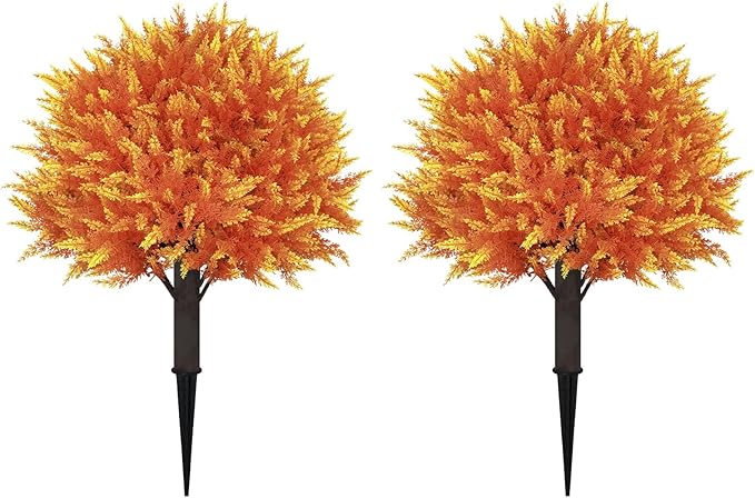 24" Artificial Cedar Topiary Ball Bushes, Set of 2 UV Resistant Fake Trees Outdoor Shrubs with Stake, Weatherproof Faux Plants for Planter, Front Porch, Garden, Yard, Patio Fall Decor