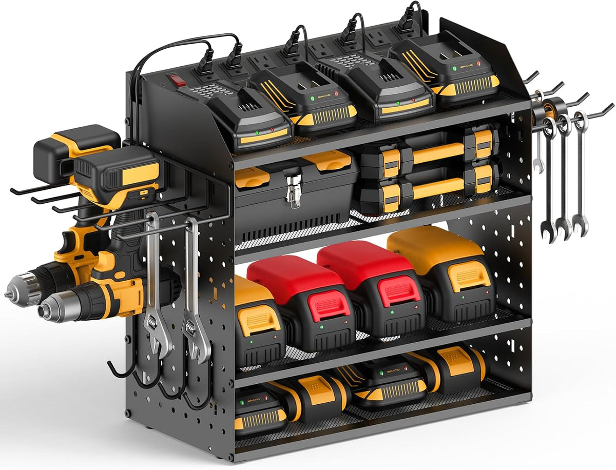 CCCEI Modular Desk Power Tools Organizer with Charging Station, 4 Layer Drills Battery Storage Wall Mount, Garage Shop Organization, Anniversary, Birthday, Gifts for Men, Father, Black, 10FT Cord.