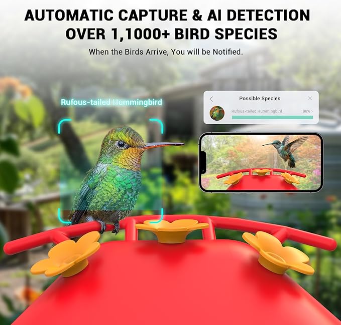 Hummingbird Feeder with Camera, AI Smart Identification Cloud Storage Function, Featuring Ant Moat Protection, Solar Power, Instant Notification, Automatic Bird Video Capture, and Motion Detection