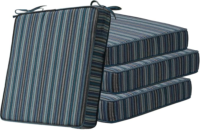Sunbrella Square Corner Seat Cushions, 19" x 19" x 3", Set of 4, Indoor Outdoor Water Repellent Universal Chair Pads with Ties for Patio Furniture, Garden Dining Chairs, Troupe Dock