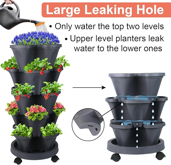 Vertical Planter 5 Tier Stackable Planters Garden Planters Strawberry Herb Flower and Vegetable Planter Indoor Outdoor Gardening Pots with Removable Wheels and Tools