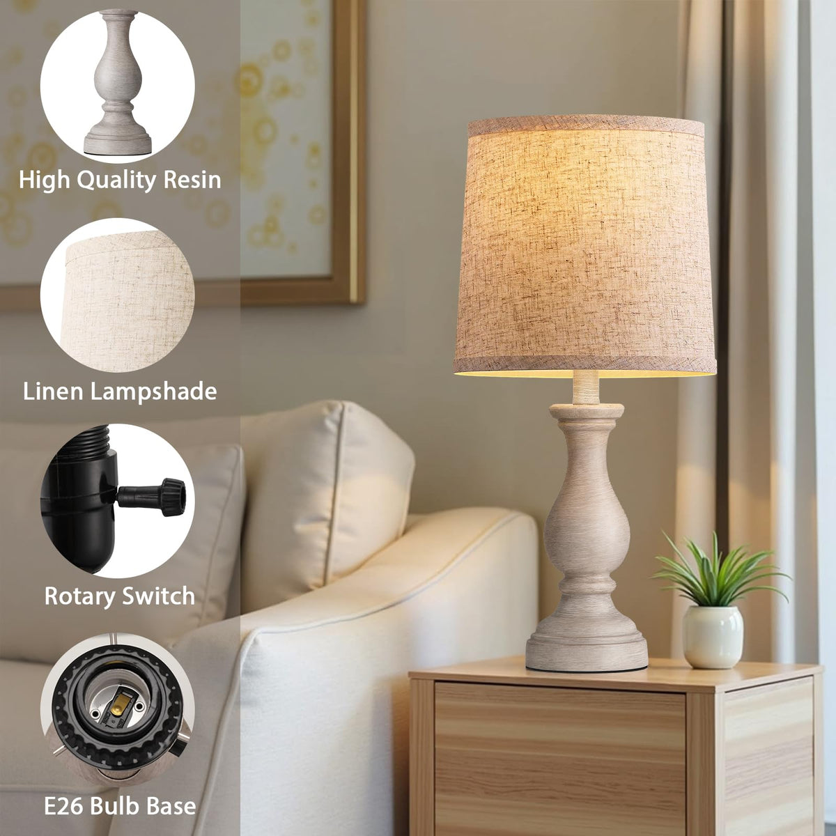 Seealle 22" Farmhouse Table Lamp, Rustic Bedside Lamp for Bedroom