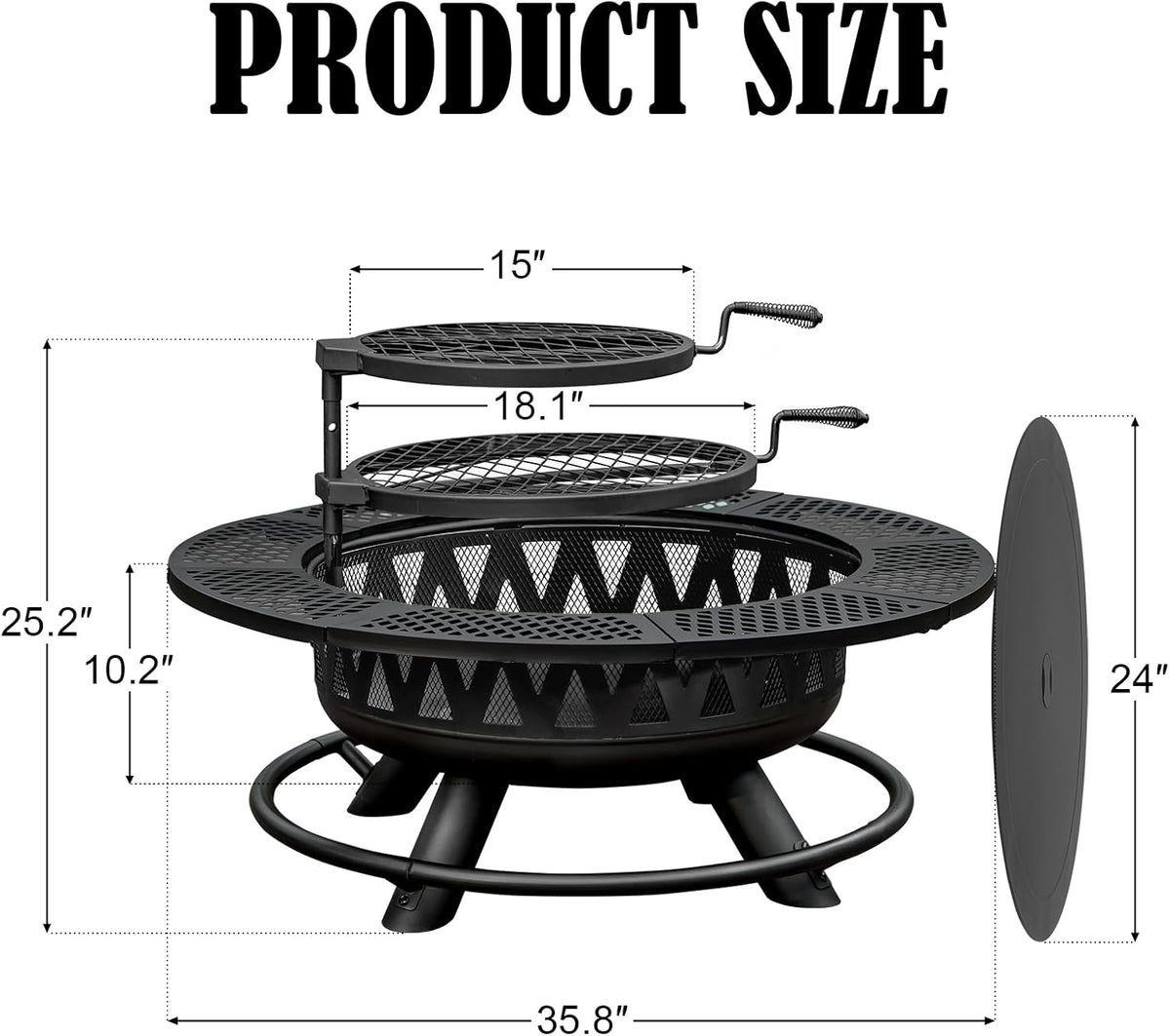 36 Inch Fire Pit with 2 Grills, Large Outdoor Firepits for Outside, Wood Burning Fireplace for Camping,Picnic,Bonfire, 3-in-1 Round Metal Table with Lid for Backyard,Patio,Party