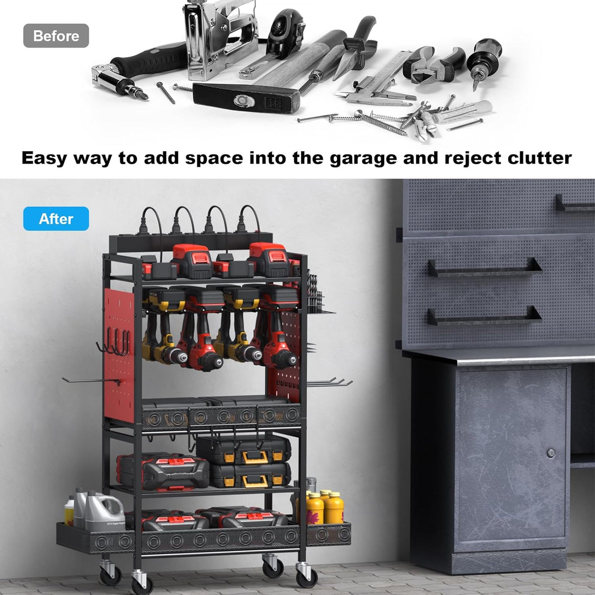CCCEI Garage Power Tools Organizer Cart with Charging Station, Red Floor Standing Rolling Drill and Tools Battery Storage Cart on Wheels. Utility Rack Gift for Men, Husband, Father.