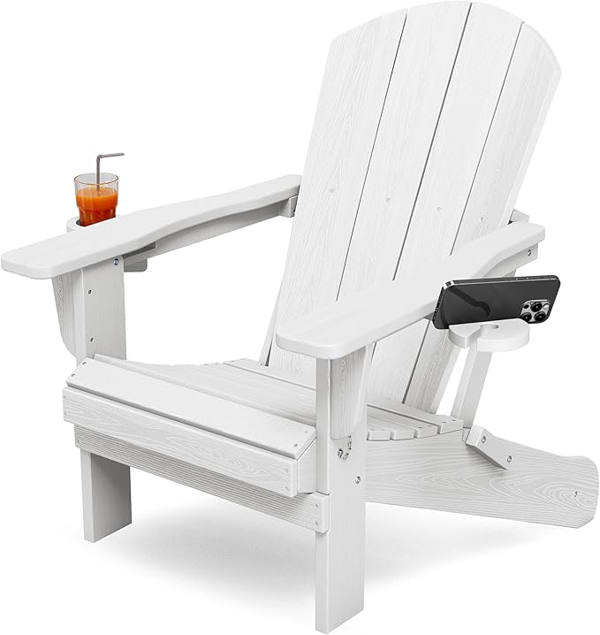 KINGYES Folding Adirondack Chair with Dual Cup Holders - HDPE All-Weather Outdoor Chairs, Wood-Like Patio Chair for Backyard, Camping, Pool & Fire Pit, White