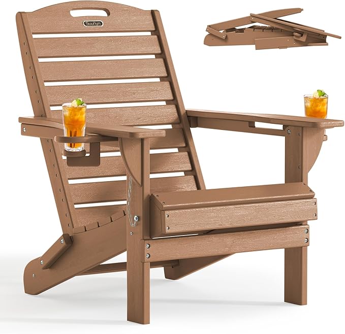 Folding Adirondack Chair HDPE All-Weather Adirondack Chairs with Cup Holder, Outdoor Fire Pit Chairs Lawn Chair for Deck Patio Garden (Teak)