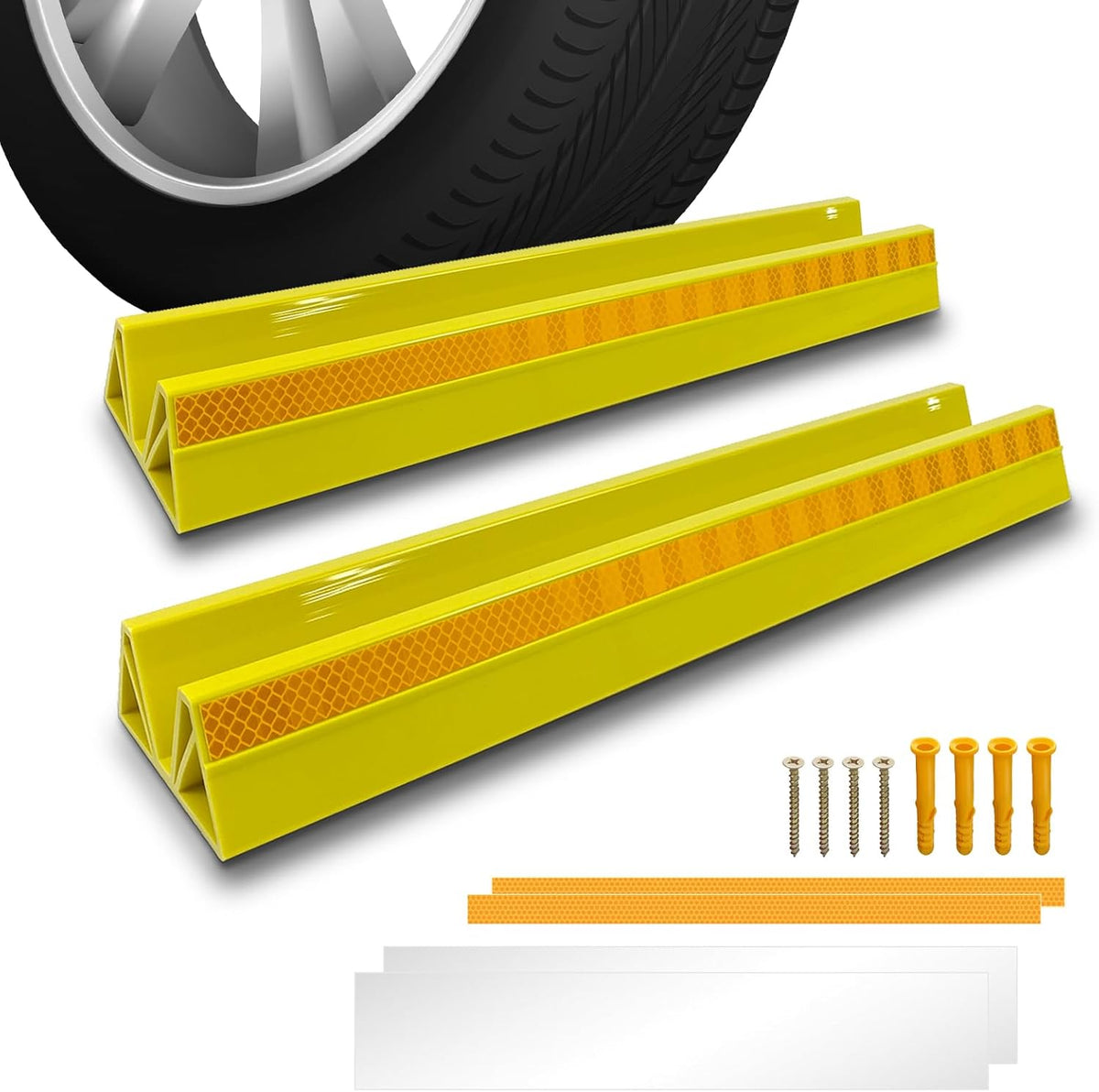 2 Pcs 18'' Parking Car Wheel Stopper for Garage with 2 Installation Methods, Heavy Duty Tire Stops with Reflective Tapes, Car Parking Aids for Garage, Yellow