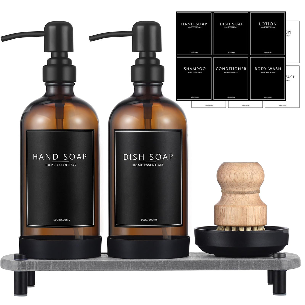 NEECZS Kitchen Soap Dispenser Set with Instant Dry Tray,16 Oz Hand and Dish Soap Amber Glass Dispenser Set,Stainless Steel Pump,Waterproof Labels&Dish Brush,Luxury Soap Bottle for Kitchen,Bathroom