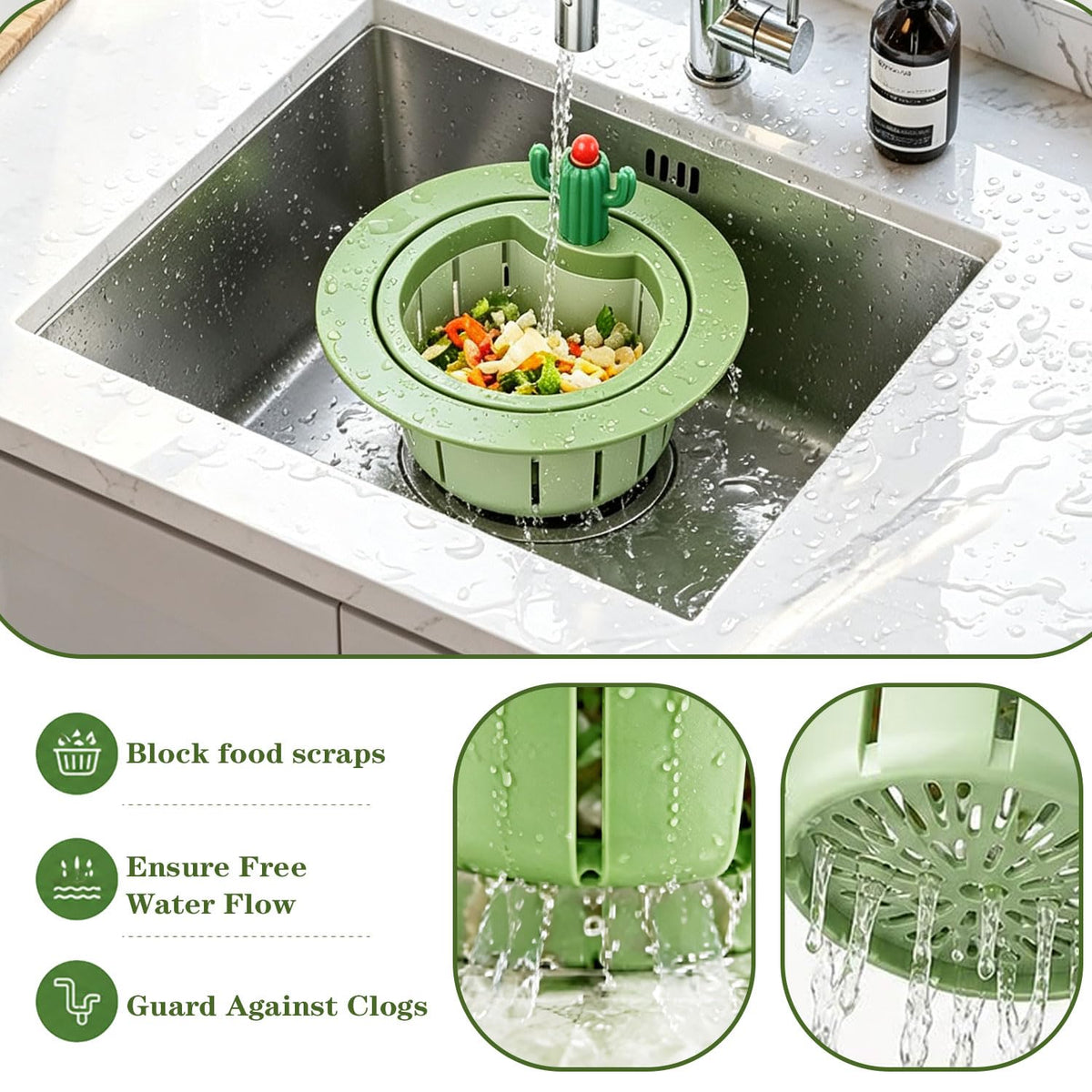 4Pcs Cactus Kitchen Sink Drain Strainer,2026 Upgrade Press to Dump Basket Waste Collector,Multifunctional Kitchen Sink Drain Strainer Fun Sink Accessory for Home Bathroom (Green+Yellow)