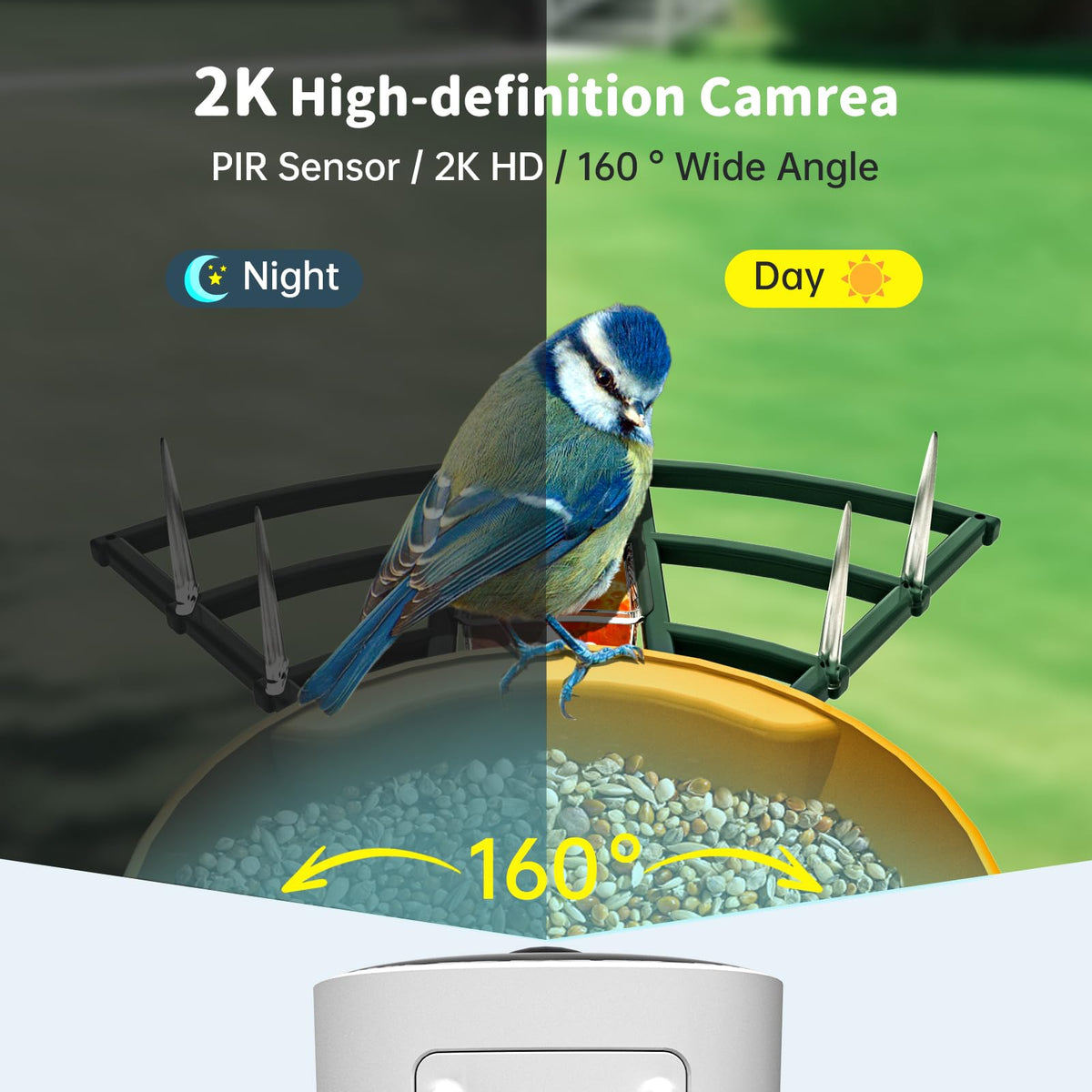 NAVFS Smart Bird Feeder with Camera Solar Powered & AI Bi rd Identification, 2.4Ghz WiFi Bird feeders for Outdoors, 2K Live Video, Instant Arrival Alerts-Green-Yellow