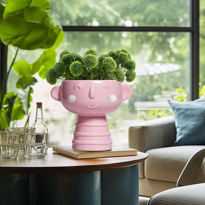 Smiley Face Planter - 7 Inch Ceramic Head Planter for Indoor Outdoor Plants, Cute Succulent Pots with Drainage Hole, Decorative Flower Pots, Home Room Desk Decor, Birthday Gifts, Bright Pink