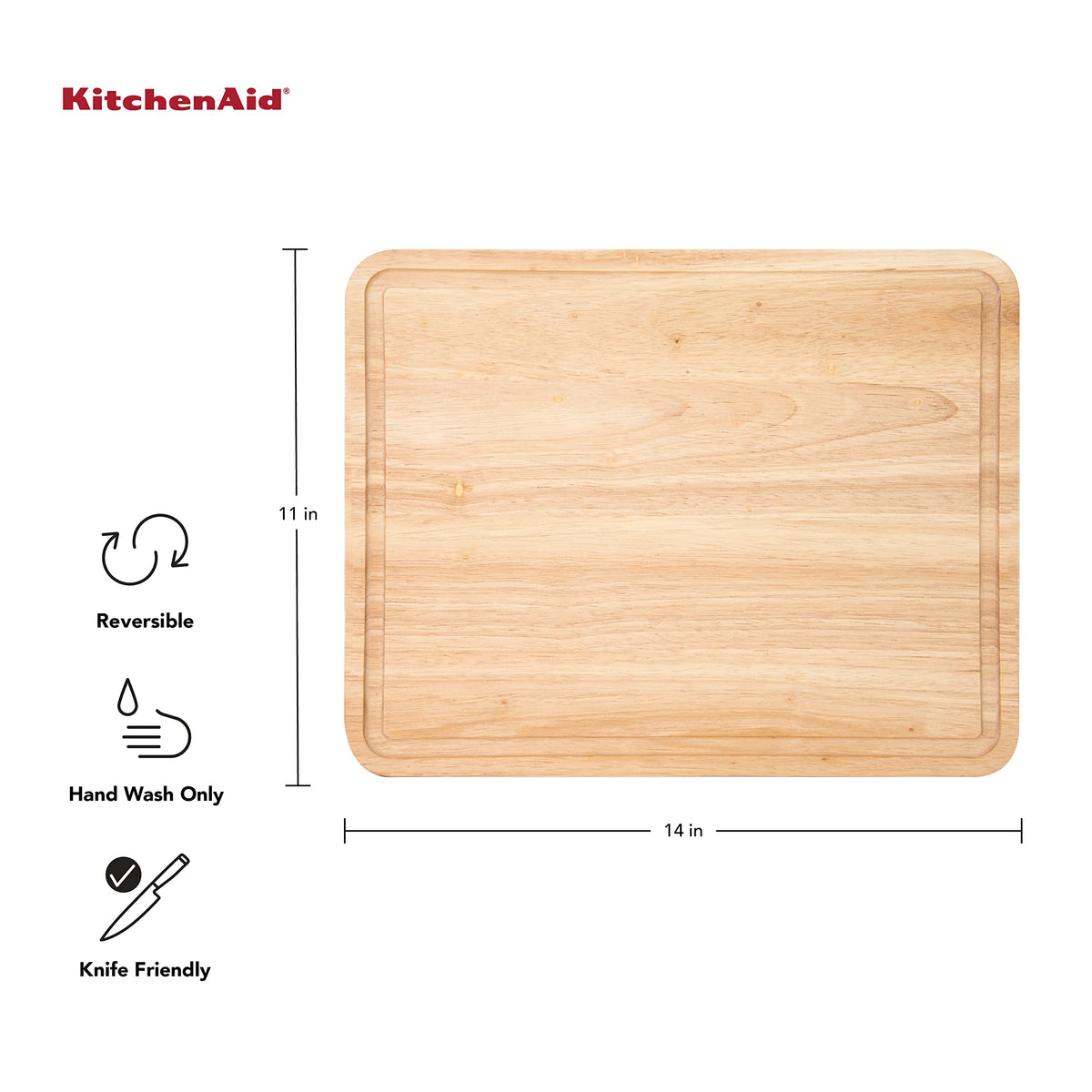 KitchenAid Classic Rubberwood Cutting Board with Perimeter Trench, Reversible Chopping Board, 11-inch x 14-Inch, Natural