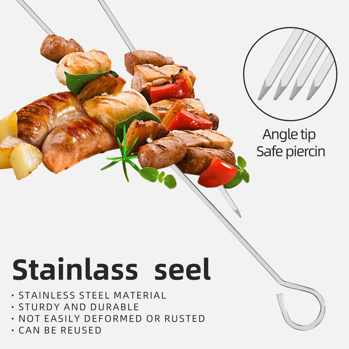 12" 12 Pack - Metal Skewers Reusable Kabob Skewers BBQ Barbecue Skewers for Grilling, Stainless Steel