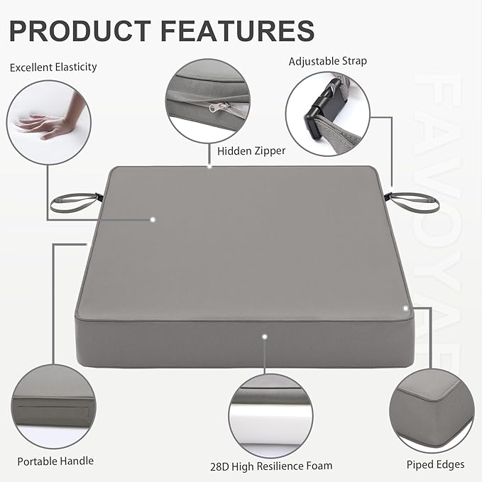 Favoyard Patio Chair Cushions 18 x 18 x 3 Inch Waterproof Outdoor Seat Cushions for Patio Furniture 3-Year Color Fastness Garden Sofa Couch Chair Pads with Handle & Adjustable Straps Set of 2, Grey