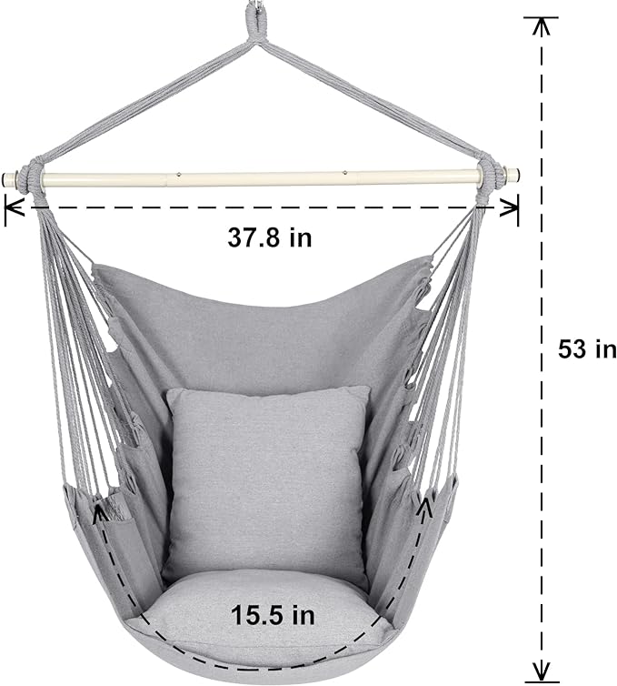 Y- STOP Hammock Chair Hanging Rope Swing Chair, Max 500 Lbs, 2 Seat Cushions Included, Removable Steel Spreader Bar with Anti-Slip Rings, Hardware kit-for Indoor or Outdoor(Light Grey)