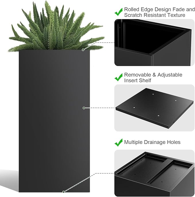 Tall Metal Cube Planter for Outdoor Plants 15" L x 15" W x 30" H, Heavy Duty Steel Planter Box with Removable Insert Shelf, Rectangular Planters for Porch, Garden, Yard, Hotel (Black)