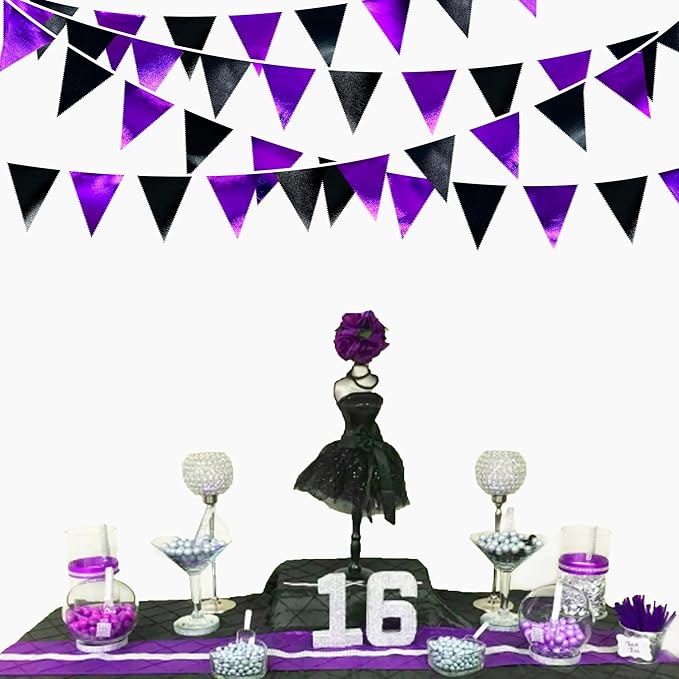 Purple and Black Party Decorations Metallic Fabric Triangle Pennant Banner Flag Bunting Garland for Graduations Birthday Retirement Wedding Baby Shower Bachelorette Halloween Outdoor Party Supplies