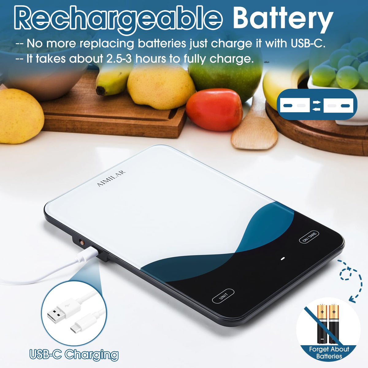 AIMILAR Bluetooth Smart Kitchen Scale 10kg/22lb - Nutrition Food Scale with App Calorie & Macro Tracker, 19+ Nutrients Analysis, USB-C Rechargeable, Tempered Glass, LED Display