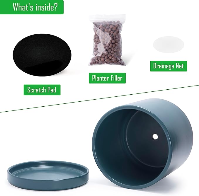 D'vine Dev 12 Inch Ceramic Planter Pot with Drainage Hole and Saucer, Indoor Cylinder Round Planter Pot, Teal, 94-O-F-9