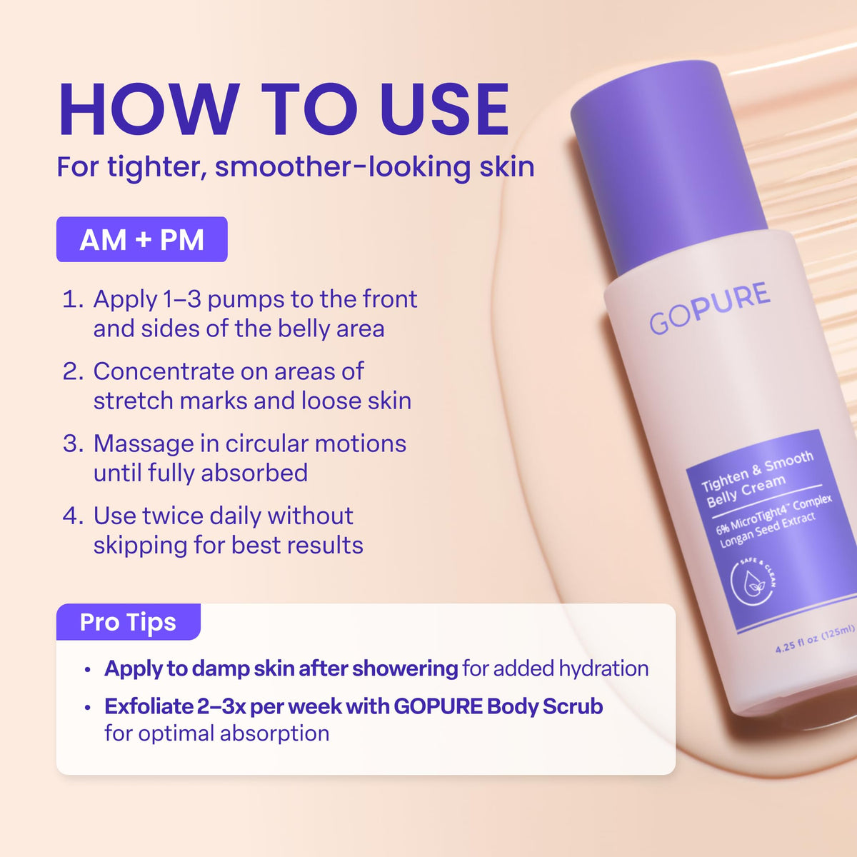 GOPURE Tighten & Smooth Belly Cream - Clinically Tested with MicroTight4 Complex to Reduce the Appearance of Cellulite & Stretch Marks - Quick Absorbing for Smoother, Firmer-Looking Skin, 4.25oz